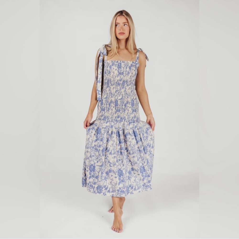 Worth Collective Marianna Blue Toile Smocked Dress